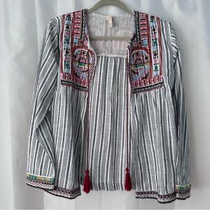 RAGA Bohemian Cotton Striped Embroidered Tassel Tie Jacket Top